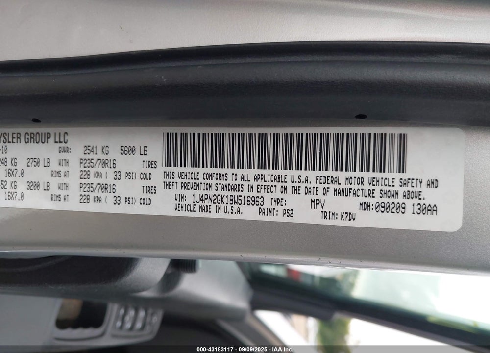 2011 JEEP LIBERTY VIN: 1J4PN2GK1BW516963