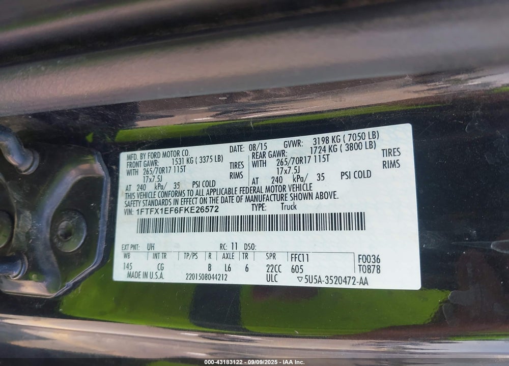 2015 FORD F-150 VIN: 1FTFX1EF6FKE26572