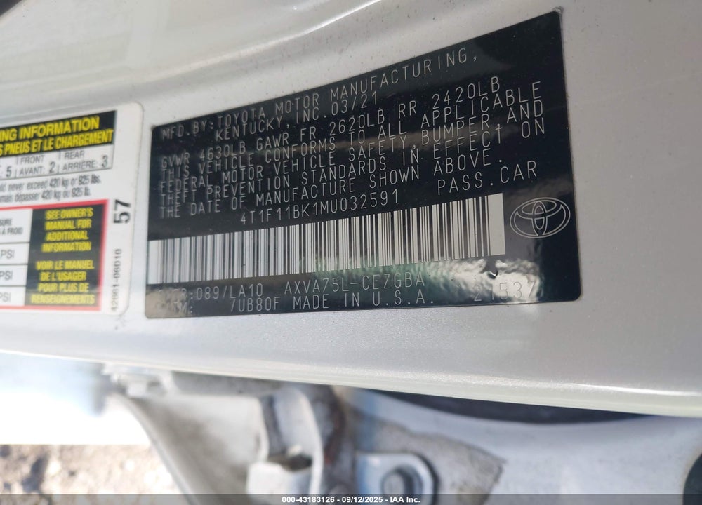 2021 TOYOTA CAMRY VIN: 4T1F11BK1MU032591