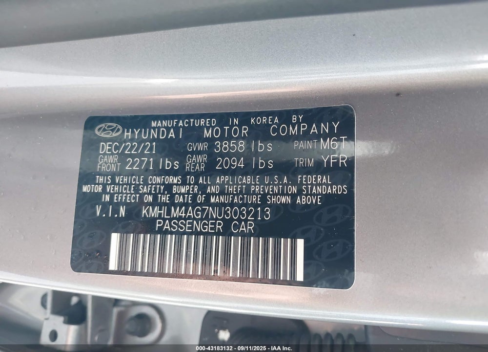 2022 HYUNDAI ELANTRA VIN: KMHLM4AG7NU303213