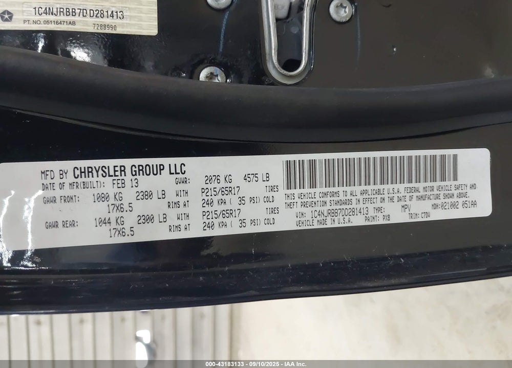 2013 JEEP PATRIOT VIN: 1C4NJRBB7DD281413