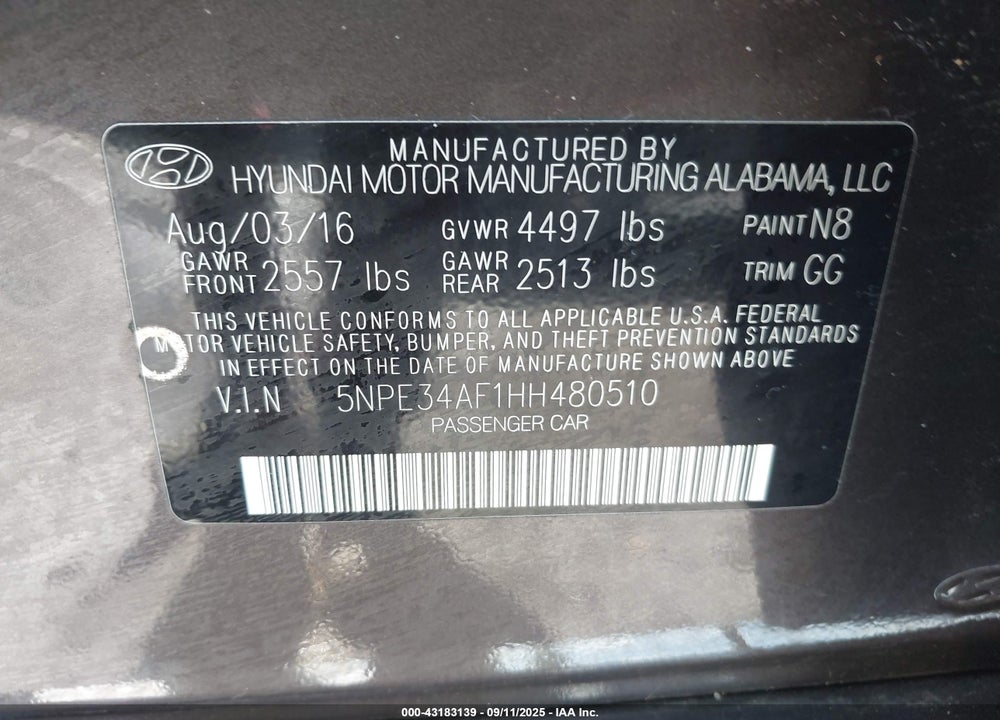 2017 HYUNDAI SONATA VIN: 5NPE34AF1HH480510