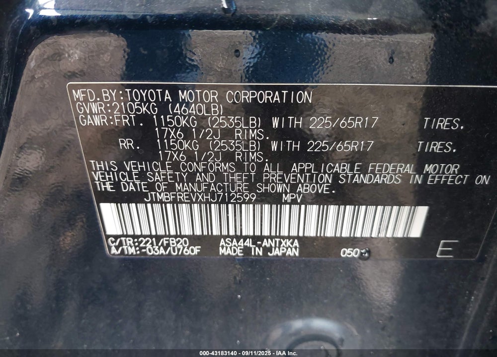 2017 TOYOTA RAV4 VIN: JTMBFREVXHJ712599