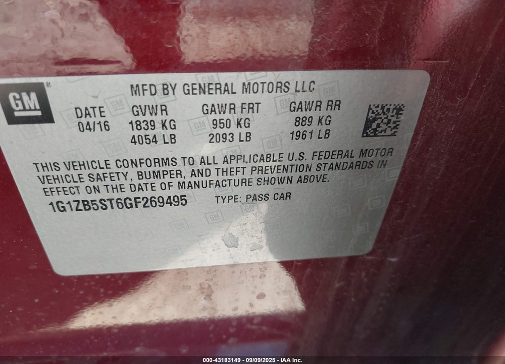 2016 CHEVROLET MALIBU VIN: 1G1ZB5ST6GF269495
