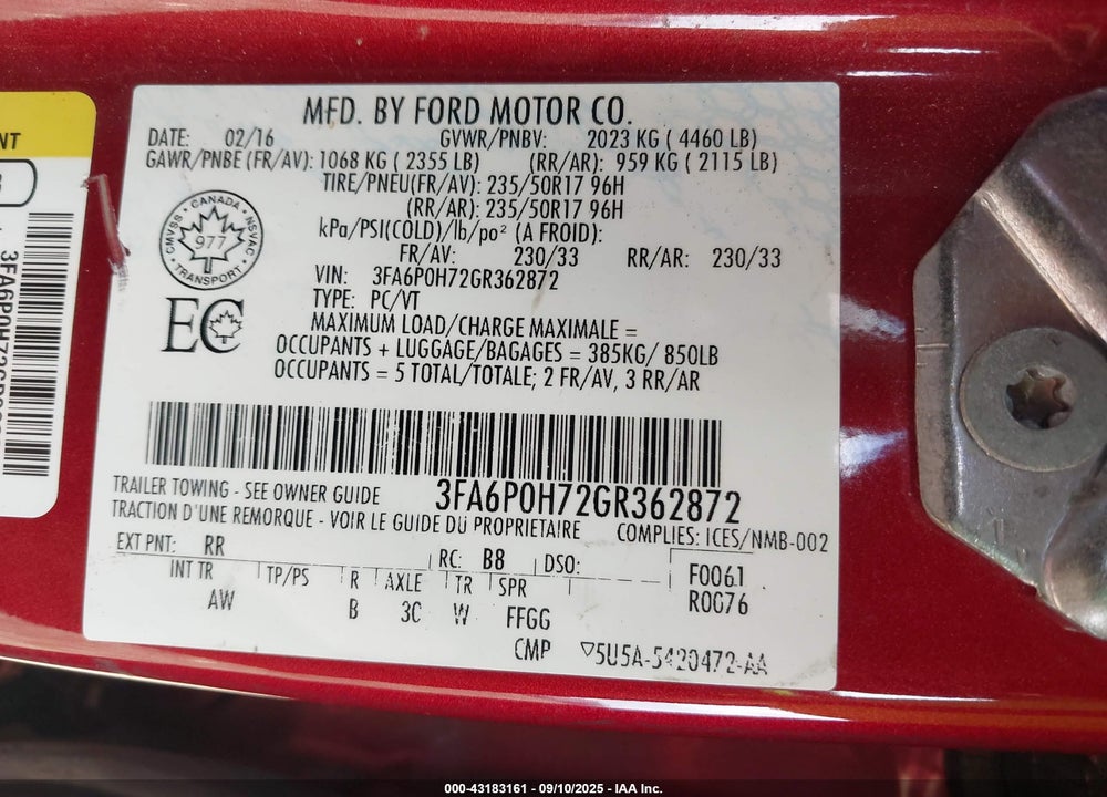 2016 FORD FUSION SE VIN: 3FA6P0H72GR362872