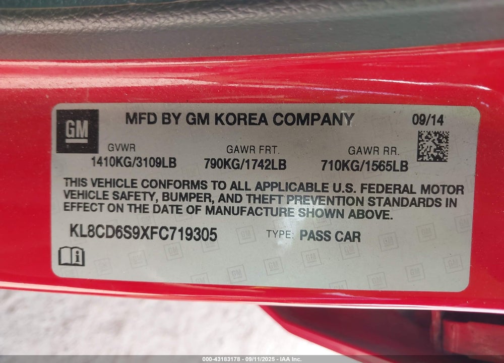 2015 CHEVROLET SPARK VIN: KL8CD6S9XFC719305