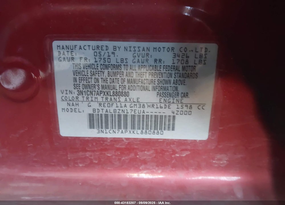 2019 NISSAN VERSA VIN: 3N1CN7APXKL880880