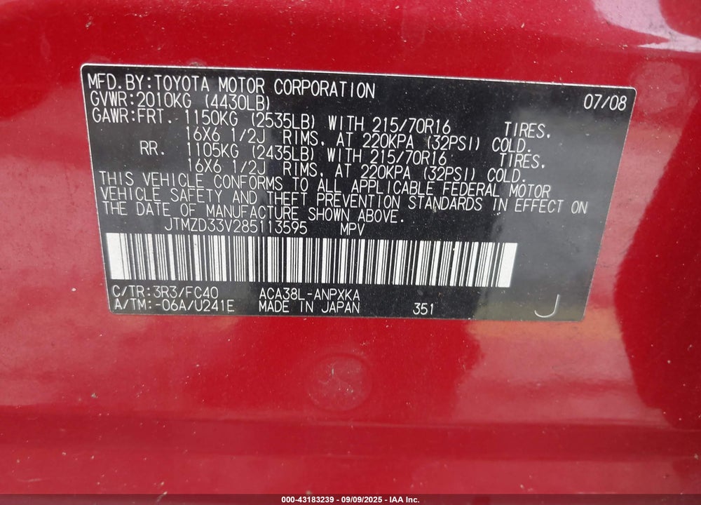 2008 TOYOTA RAV4 VIN: JTMZD33V285113595