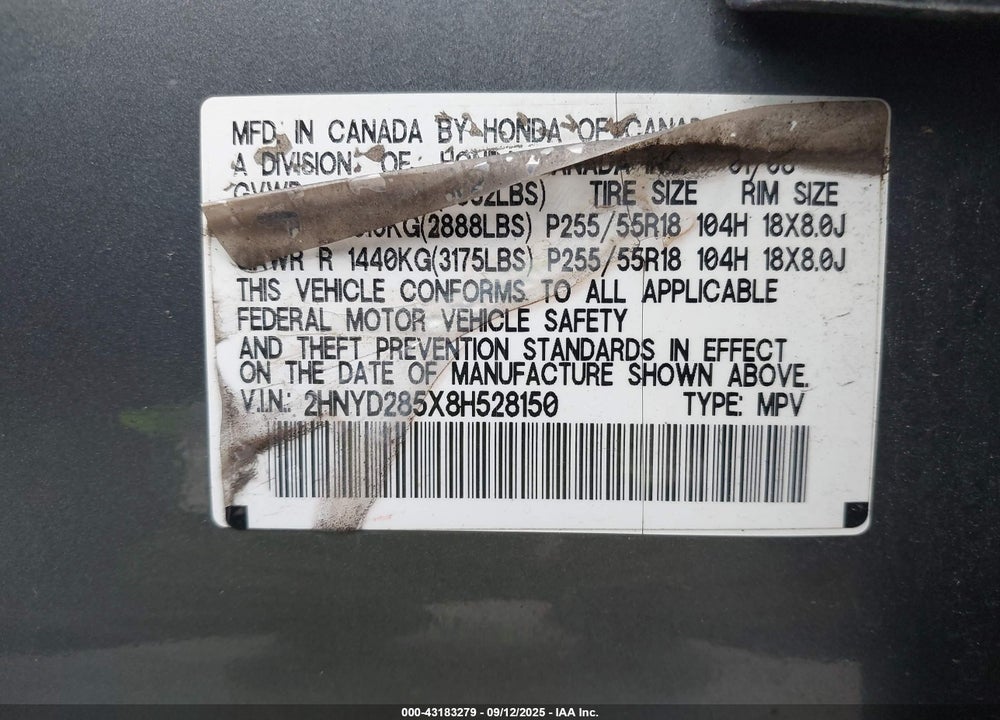 2008 ACURA MDX VIN: 2HNYD285X8H528150