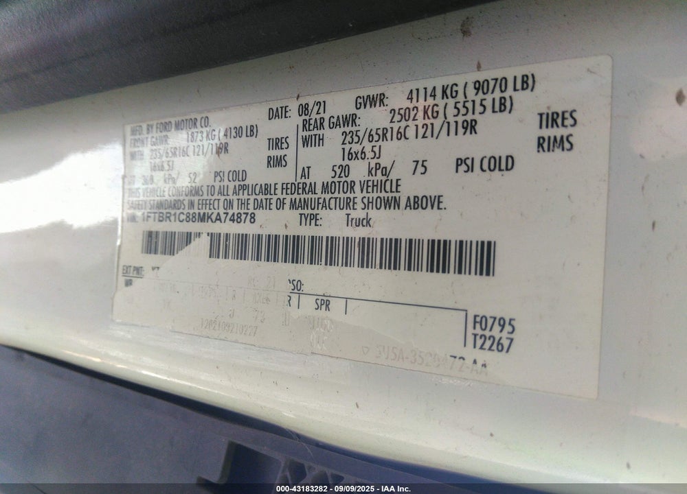 2021 FORD TRANSIT-250 VIN: 1FTBR1C88MKA74878
