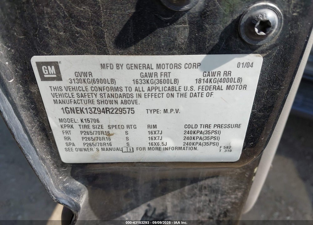 2004 CHEVROLET TAHOE LS VIN: 1GNEK13Z94R229575