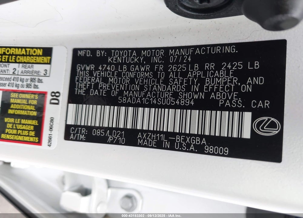 2025 LEXUS ES 300H VIN: 58ADA1C14SU054894