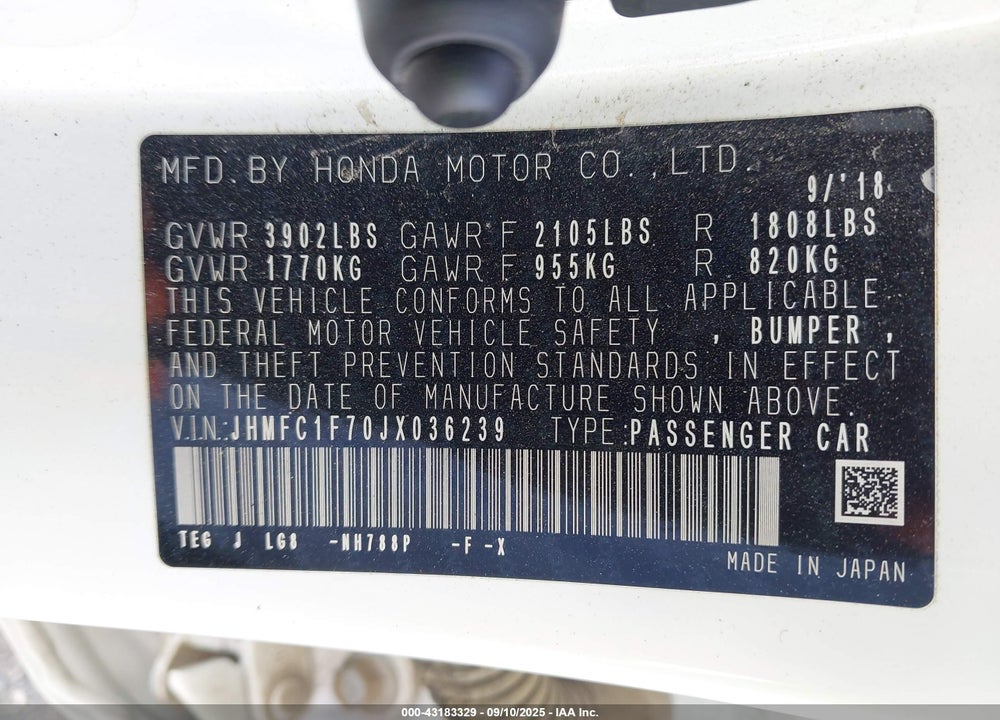 2018 HONDA CIVIC VIN: JHMFC1F70JX036239