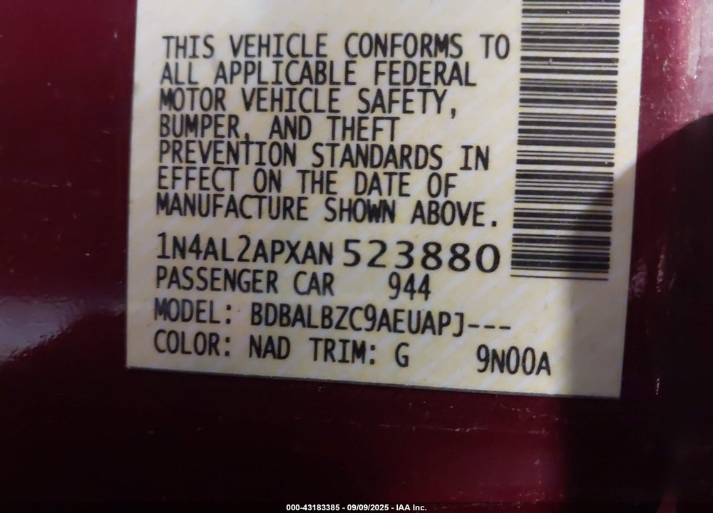 2010 NISSAN ALTIMA 2.5 S VIN: 1N4AL2APXAN523880