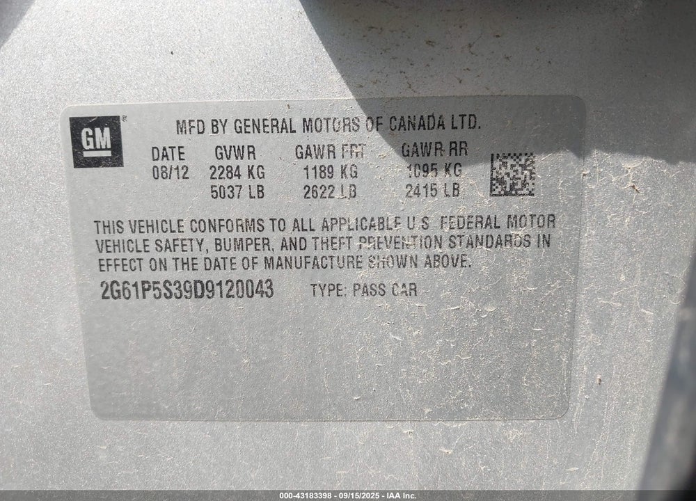 2013 CADILLAC XTS VIN: 2G61P5S39D9120043