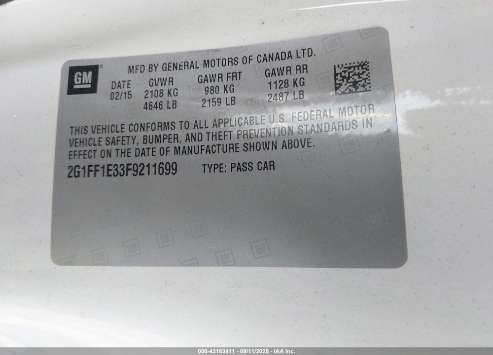 2015 CHEVROLET CAMARO VIN: 2G1FF1E33F9211699