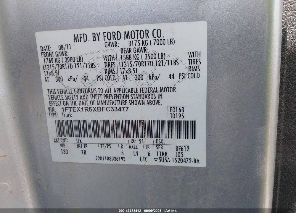2011 FORD F-150 SVT RAPTOR VIN: 1FTEX1R6XBFC33477
