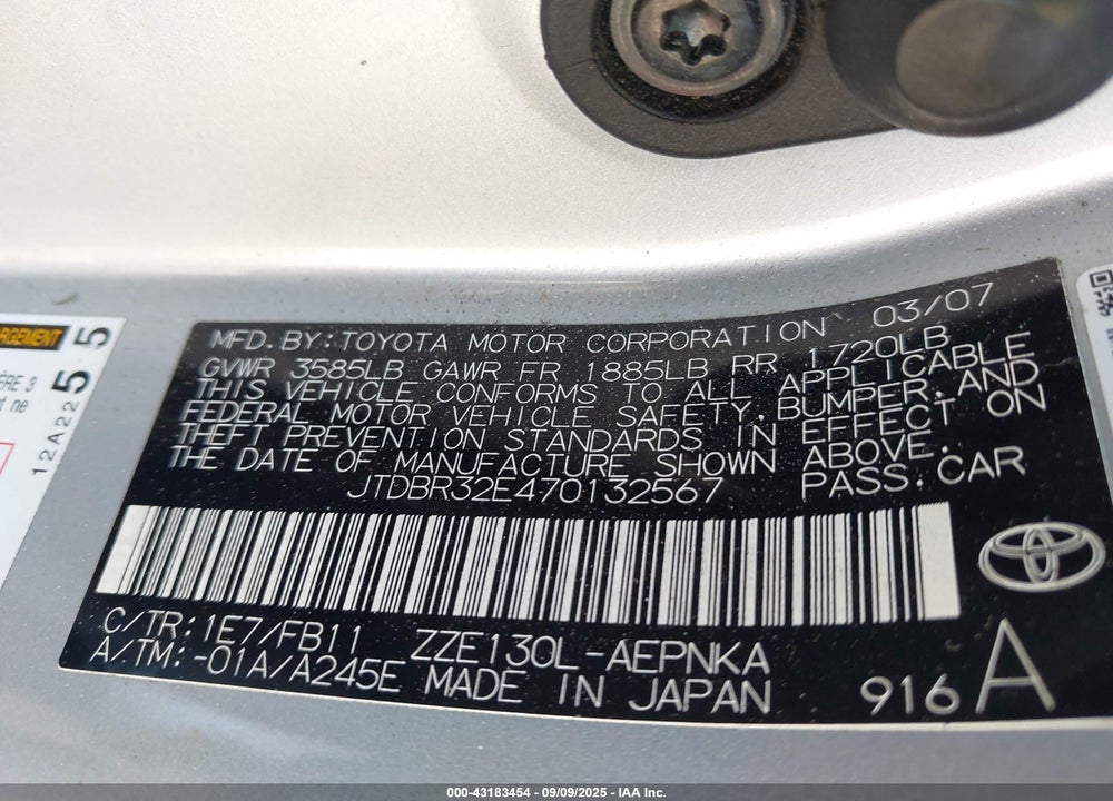 2007 TOYOTA COROLLA LE VIN: JTDBR32E470132567