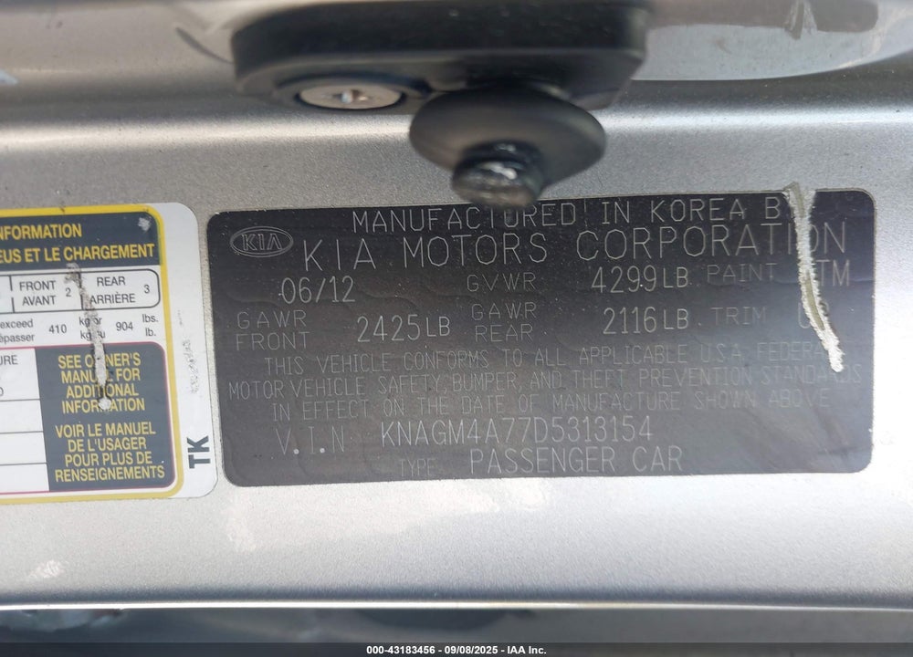 2013 KIA OPTIMA VIN: KNAGM4A77D5313154