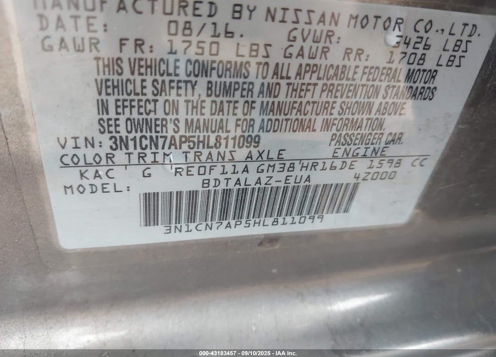 2017 NISSAN VERSA VIN: 3N1CN7AP5HL811099