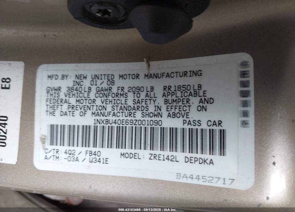 2009 TOYOTA COROLLA LE VIN: 1NXBU40E69Z001090