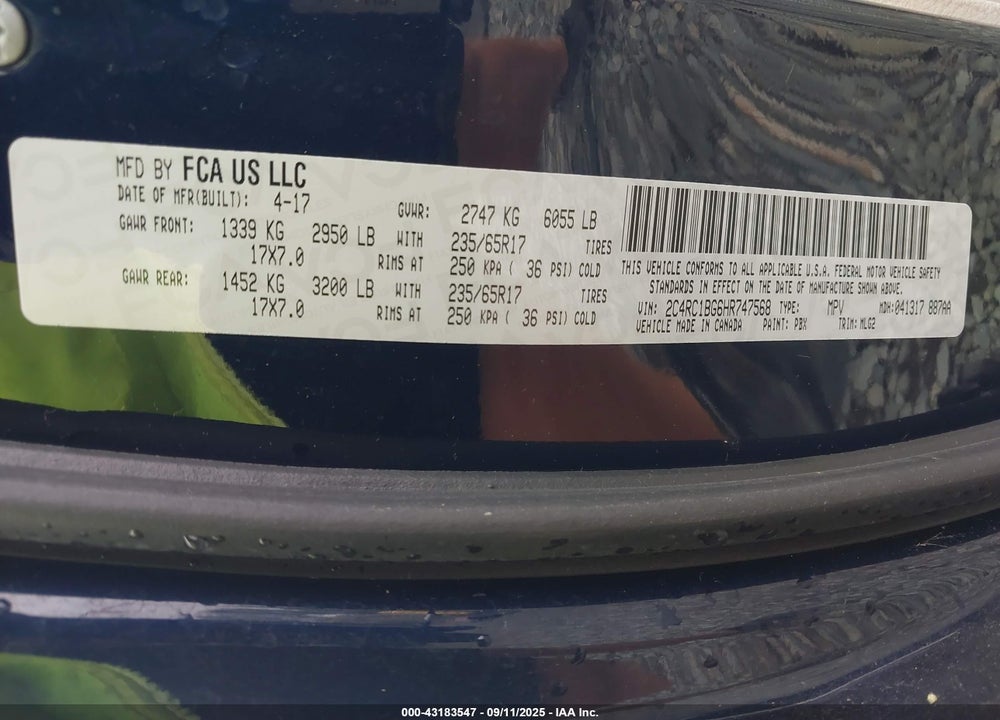 2017 CHRYSLER PACIFICA TOURING L VIN: 2C4RC1BG6HR747568