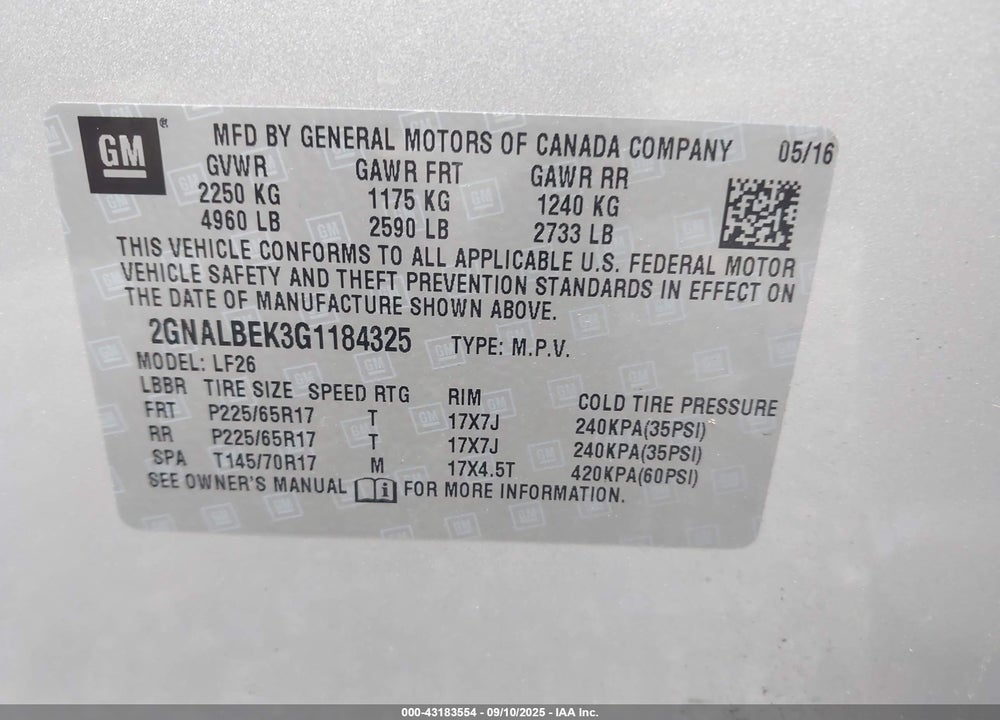 2016 CHEVROLET EQUINOX VIN: 2GNALBEK3G1184325