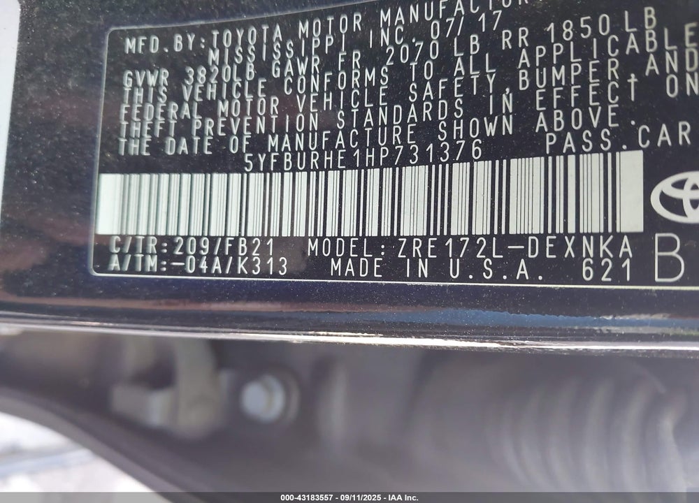 2017 TOYOTA COROLLA VIN: 5YFBURHE1HP731376