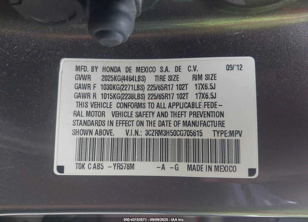 2012 HONDA CR-V VIN: 3CZRM3H50CG705615