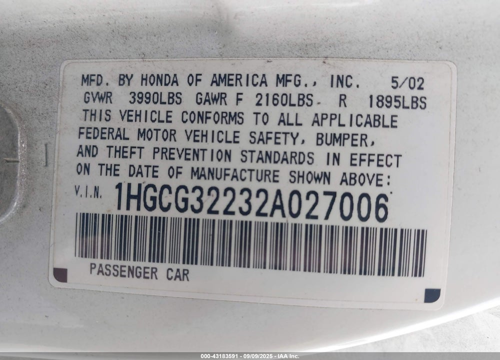 2002 HONDA ACCORD 2.3 SE VIN: 1HGCG32232A027006