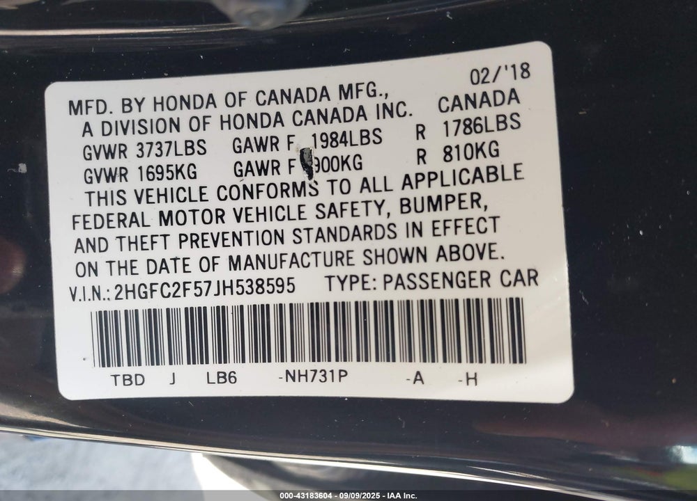 2018 HONDA CIVIC VIN: 2HGFC2F57JH538595