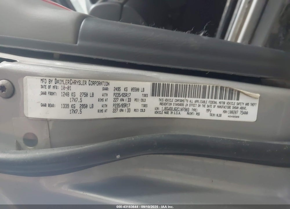 2002 JEEP GRAND CHEROKEE OVERLAND VIN: 1J8GW68J62C107903