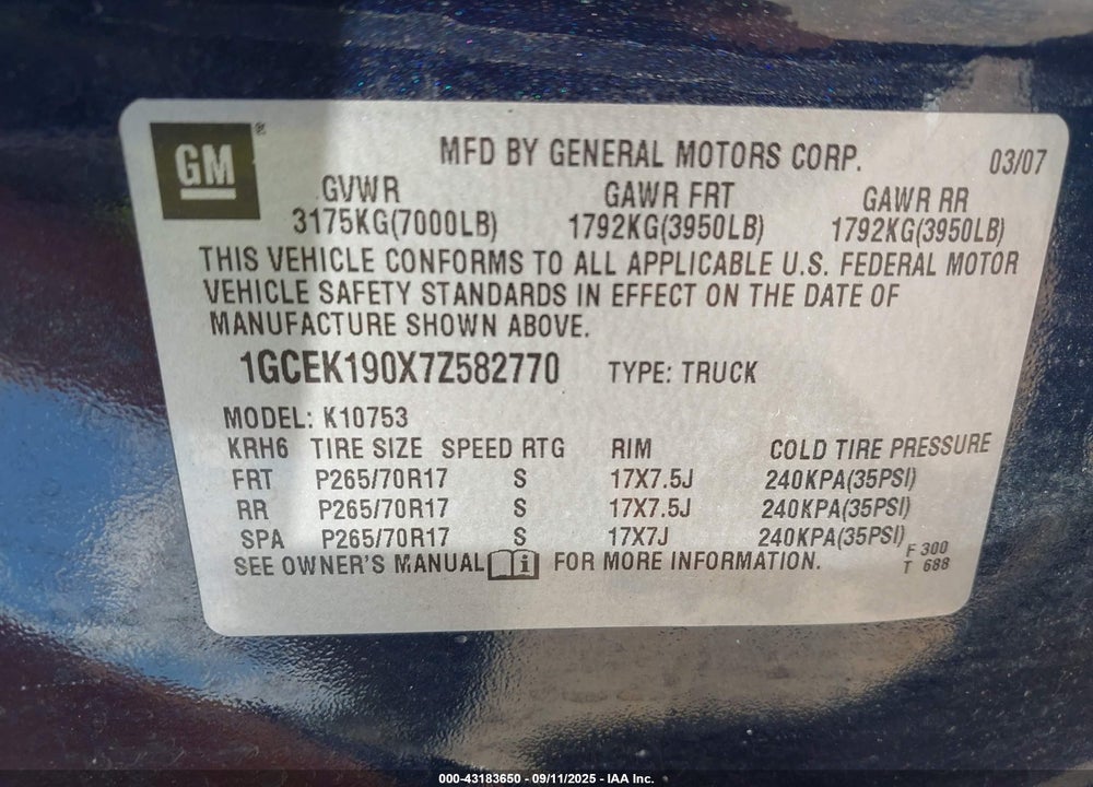 2007 CHEVROLET SILVERADO 1500 VIN: 1GCEK190X7Z582770