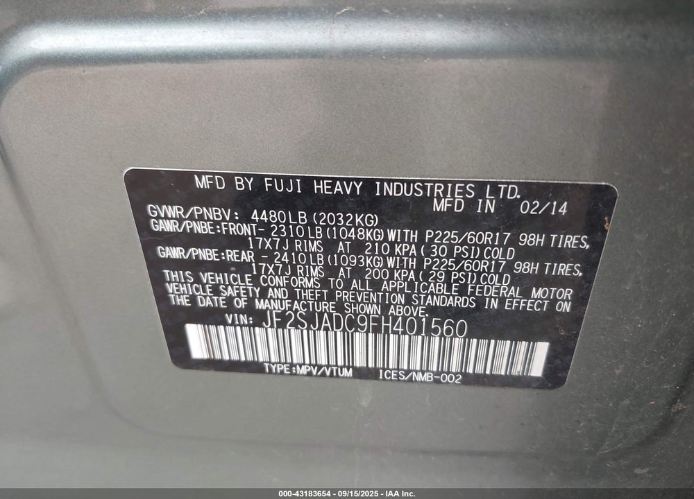 2015 SUBARU FORESTER VIN: JF2SJADC9FH401560