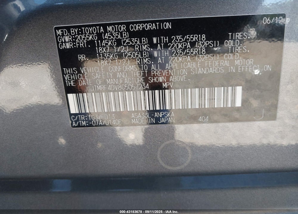 2012 TOYOTA RAV4 VIN: JTMRF4DV8C5057234