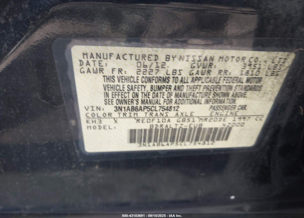 2012 NISSAN SENTRA VIN: 3N1AB6AP5CL754812