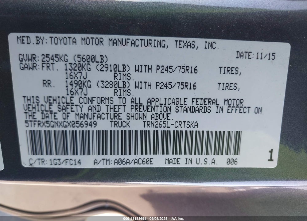 2016 TOYOTA TACOMA VIN: 5TFRX5GNXGX056949