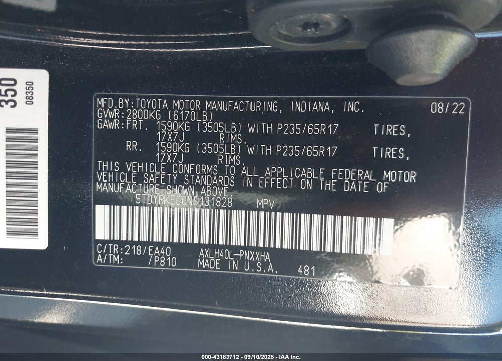 2022 TOYOTA SIENNA XLE VIN: 5TDYRKEC0NS131828