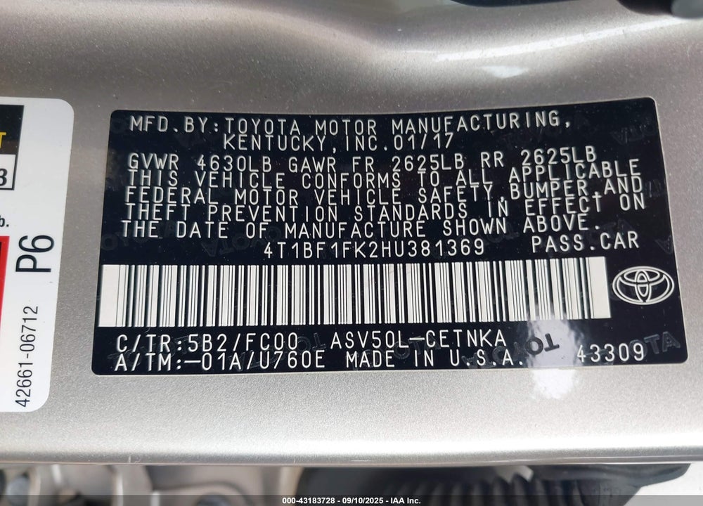 2017 TOYOTA CAMRY VIN: 4T1BF1FK2HU381369