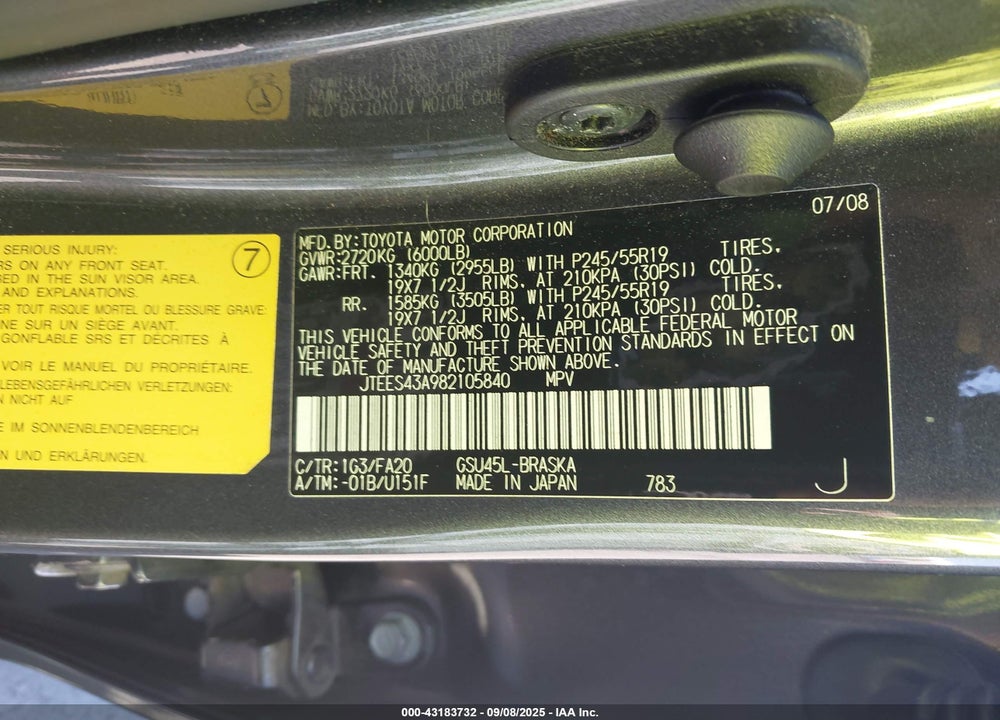 2008 TOYOTA HIGHLANDER SPORT VIN: JTEES43A982105840