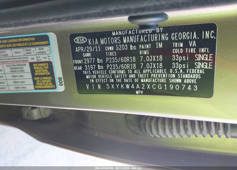 2012 KIA SORENTO VIN: 5XYKW4A2XCG190743