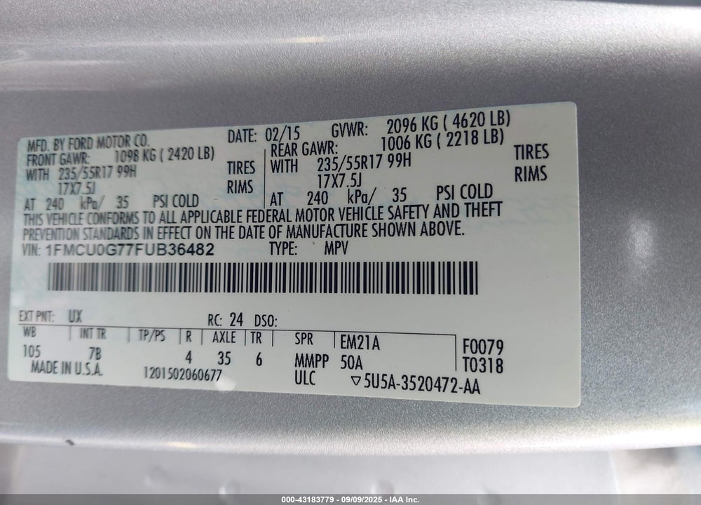 2015 FORD ESCAPE SE VIN: 1FMCU0G77FUB36482