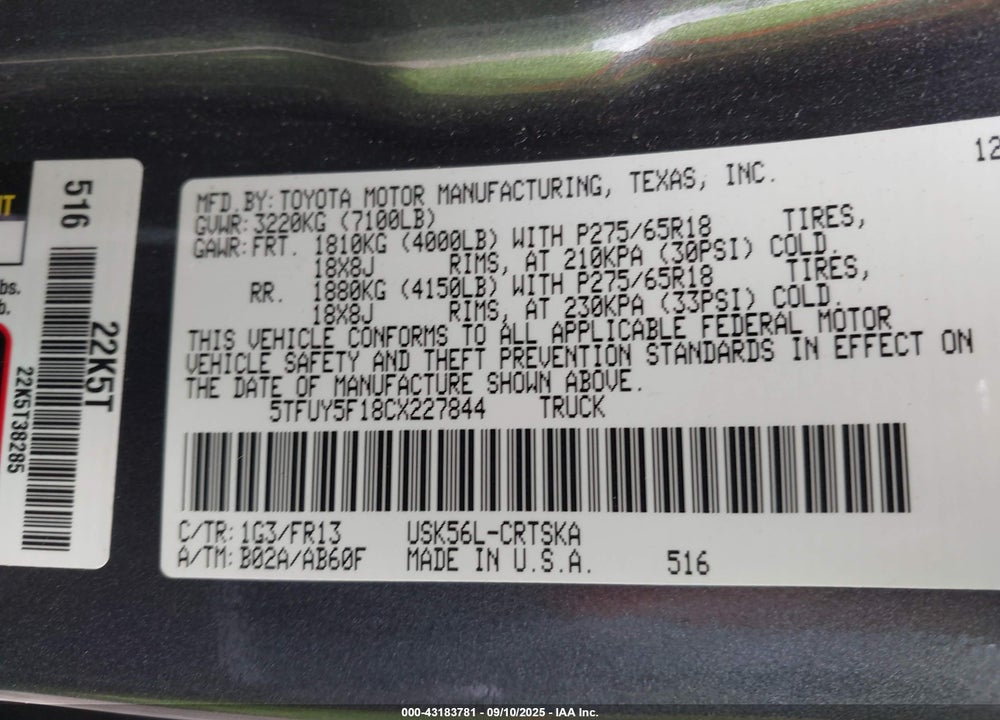 2012 TOYOTA TUNDRA GRADE 5.7L V8 VIN: 5TFUY5F18CX227844
