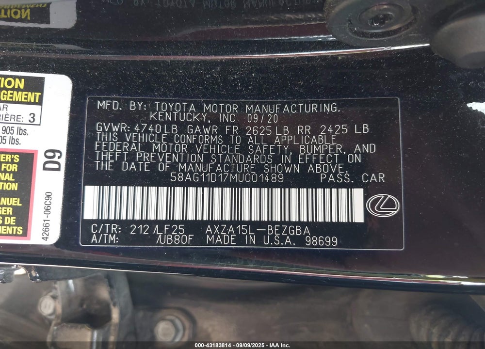 2021 LEXUS ES 250 VIN: 58AG11D17MU001489