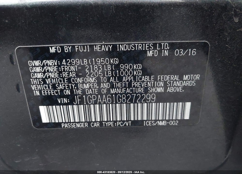 2016 SUBARU IMPREZA VIN: JF1GPAA61G8272299