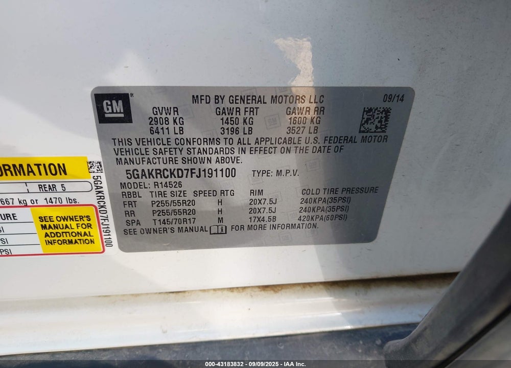 2015 BUICK ENCLAVE VIN: 5GAKRCKD7FJ191100