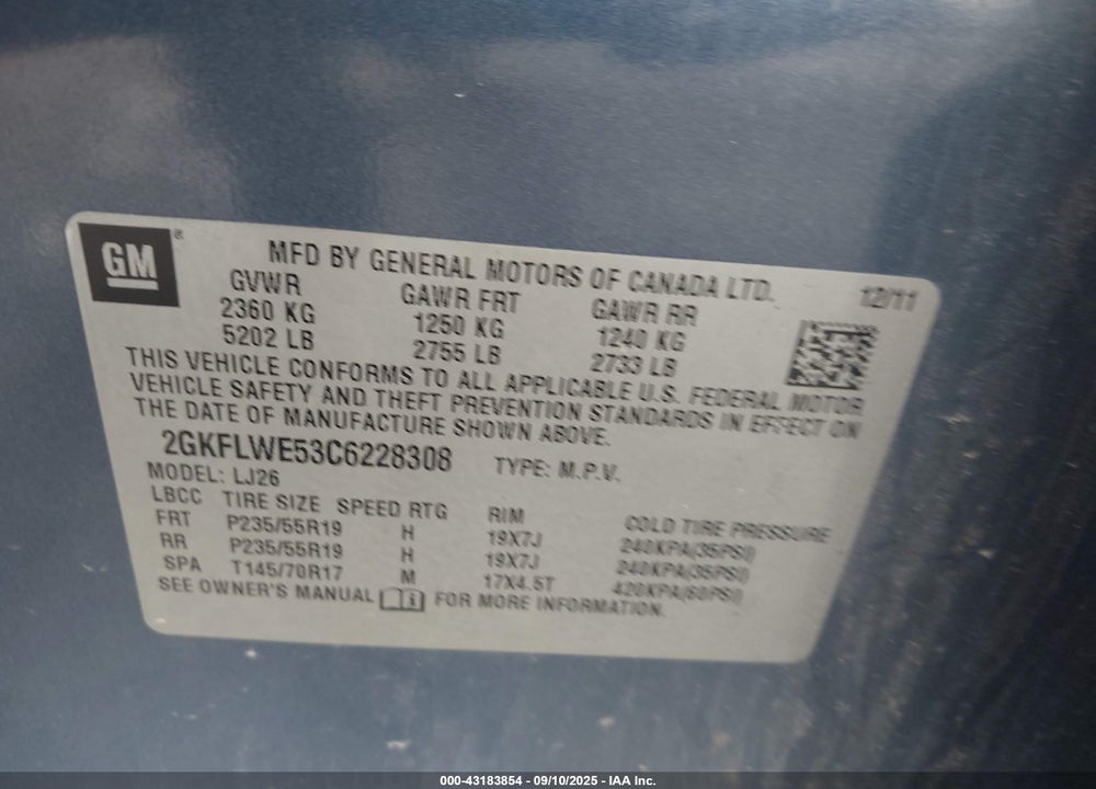 2012 GMC TERRAIN VIN: 2GKFLWE53C6228308