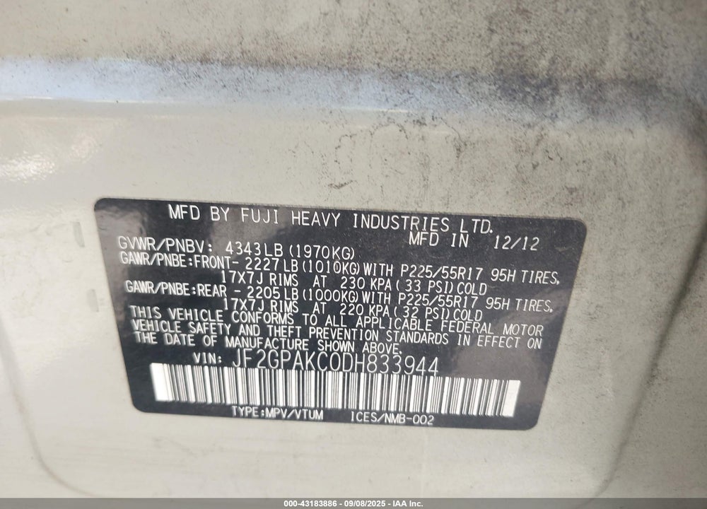 2013 SUBARU XV CROSSTREK 2.0I LIMITED VIN: JF2GPAKC0DH833944