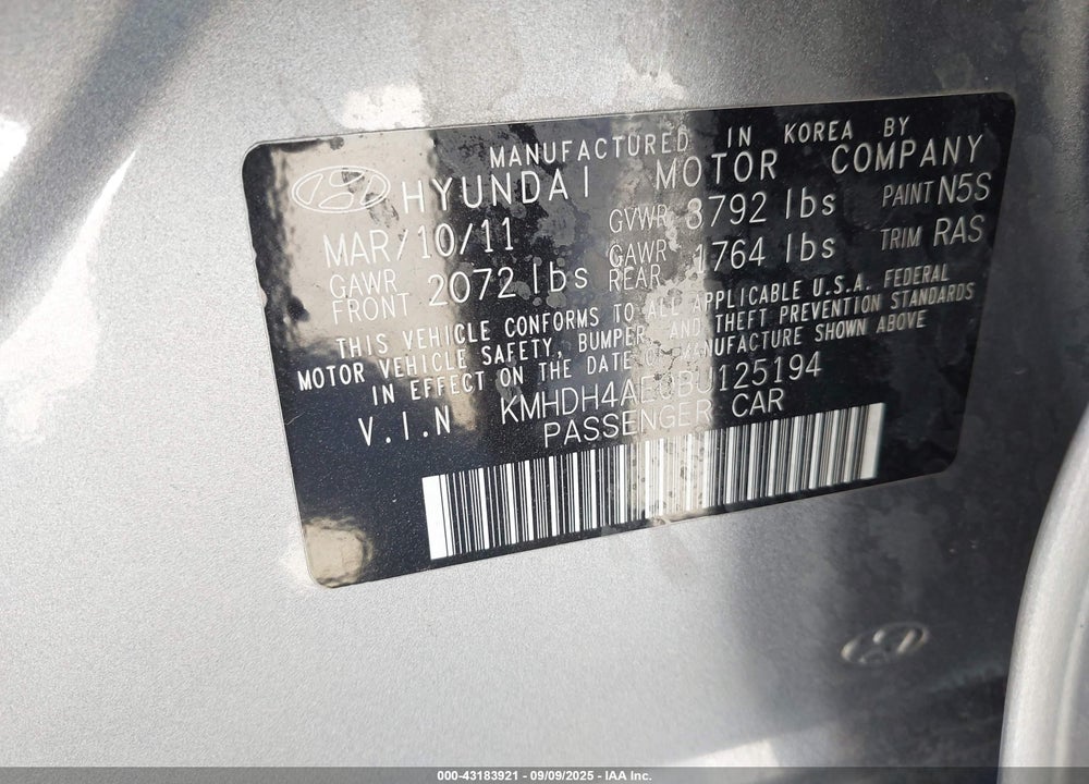 2011 HYUNDAI ELANTRA VIN: KMHDH4AE0BU125194