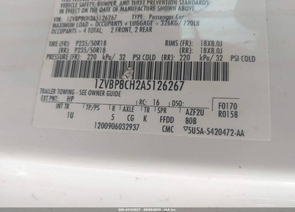 2010 FORD MUSTANG VIN: 1ZVBP8CH2A5126267